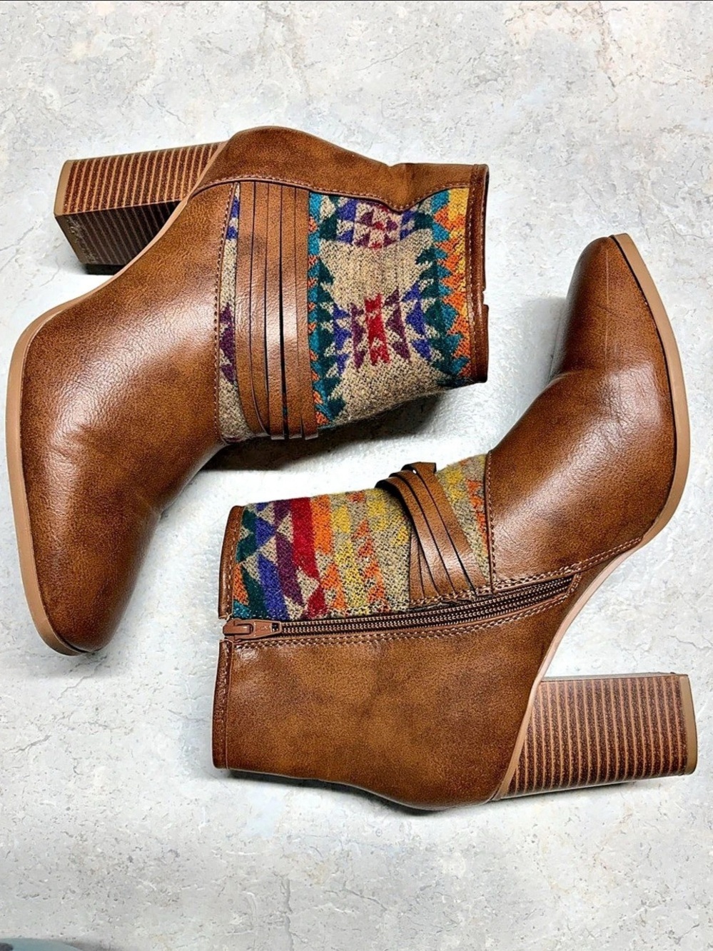 Brown Geometric Heeled Ankle Boots